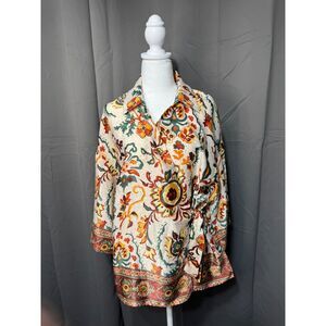 Zara Boho Floral Blouse Women Large Tie Waist Peasant Top Paisley Festival